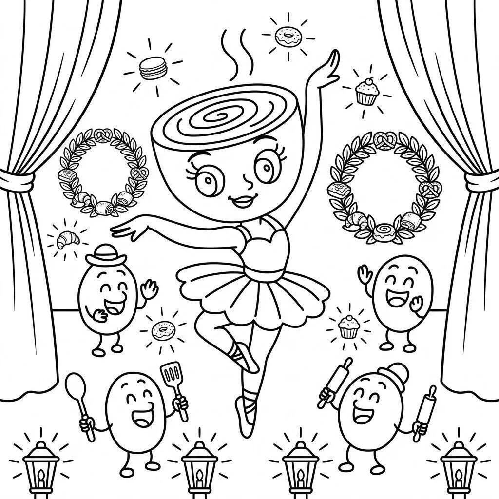 Dibujo de Bailarina Capuchino bailando con dulces para colorear