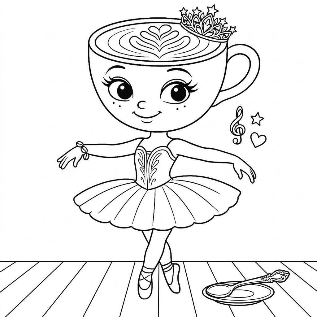 Dibujo de Bailarina Cappuccina bailando con una taza para colorear