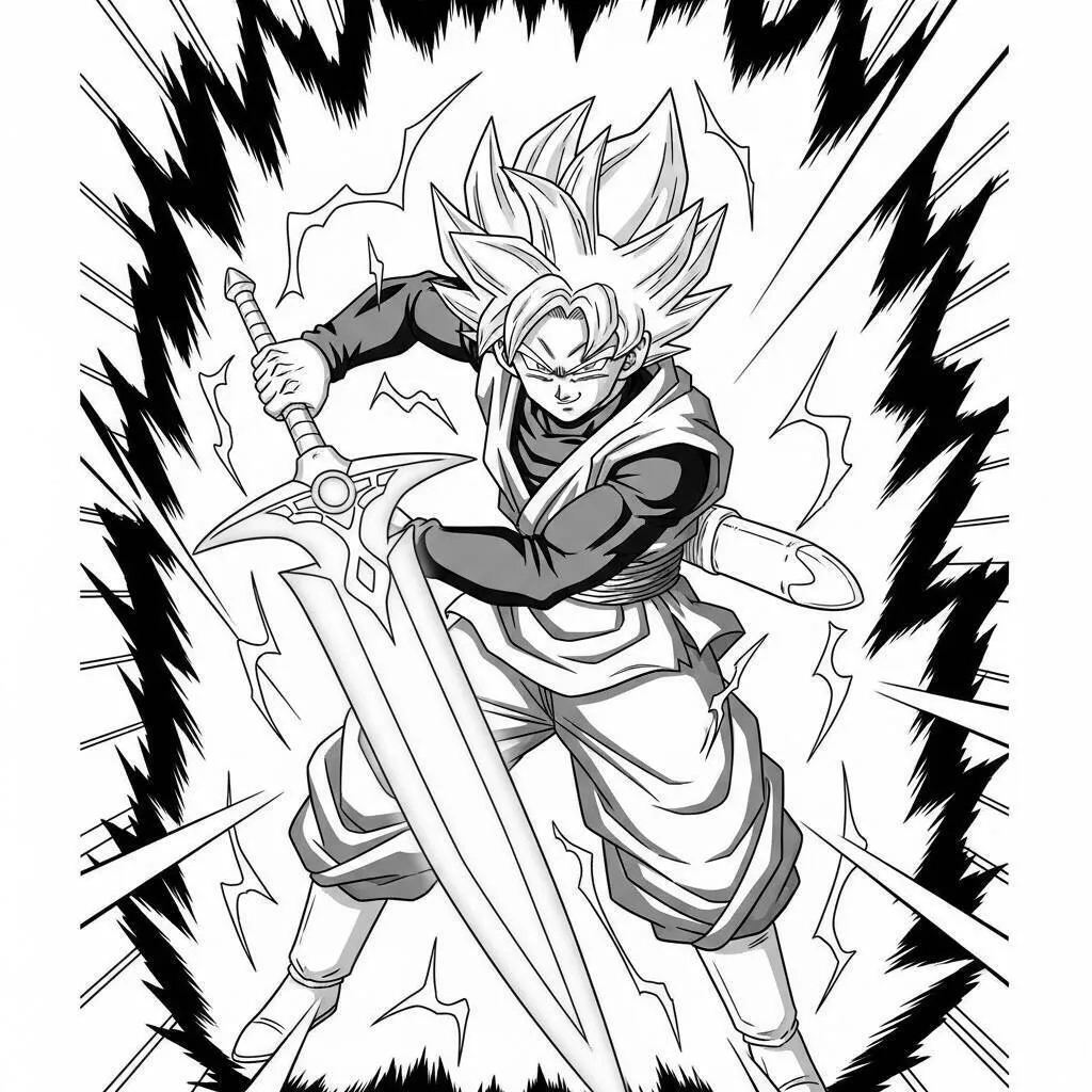 Desenho de Dragon Ball Z de Goku Super Saiyajin com Espada para Colorir
