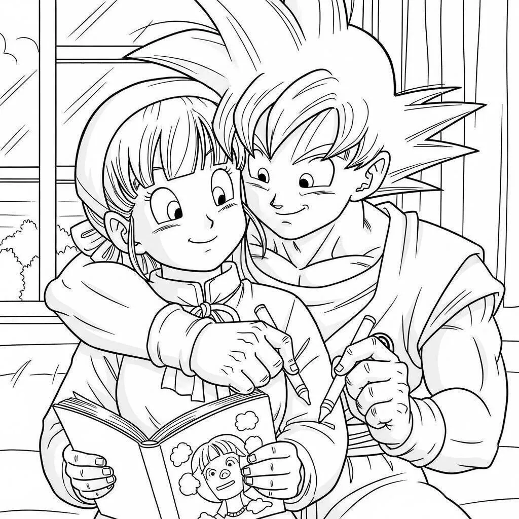 Desenho de Dragon Ball Z de Goku e Chi Chi para Colorir