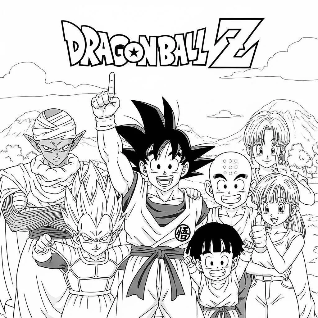 Desenho de Dragon Ball Z com Goku e seus amigos para Colorir