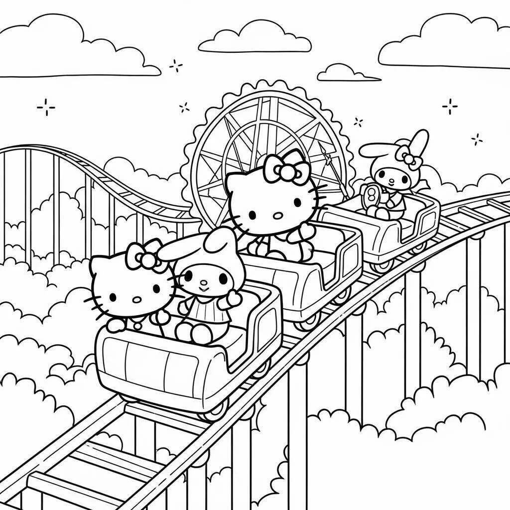 Dibujo para colorear de hola gatito y Mi Melodía en la Montaña Rusa