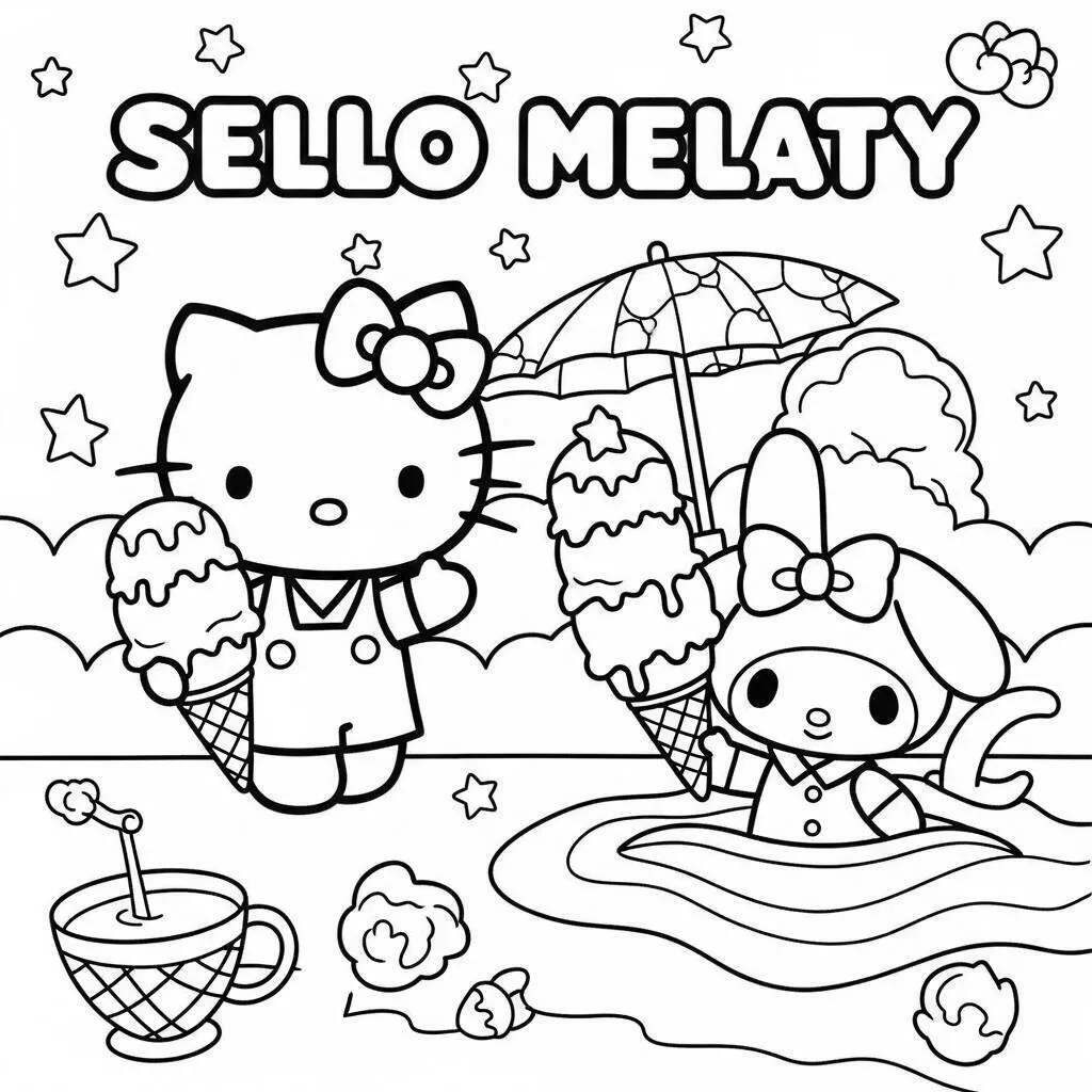 Colorear hola gatito y My Melody divirtiéndose con helado