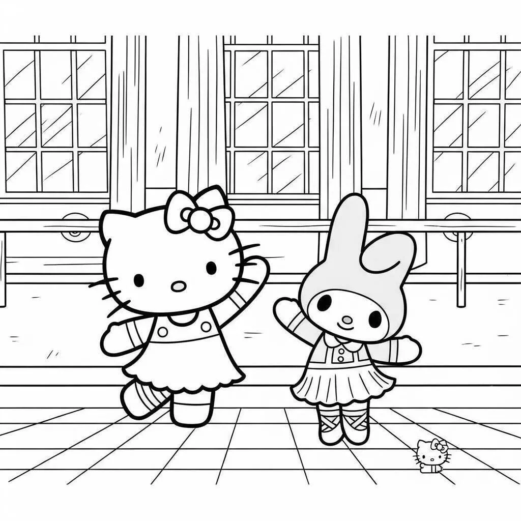 Dibujo de hola gatito y My Melody bailando para colorear