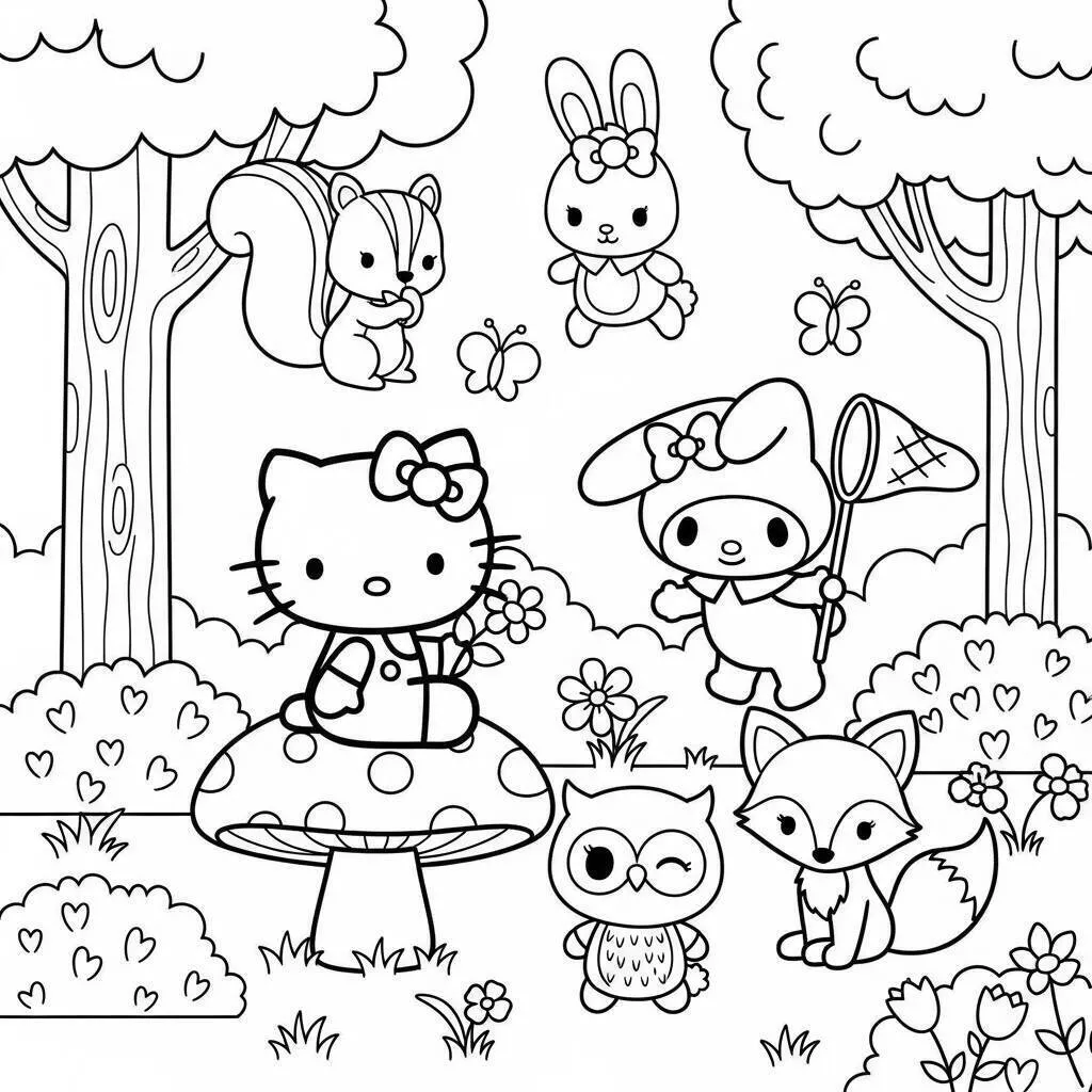 Colorear hola gatito y My Melody jugando en el parque