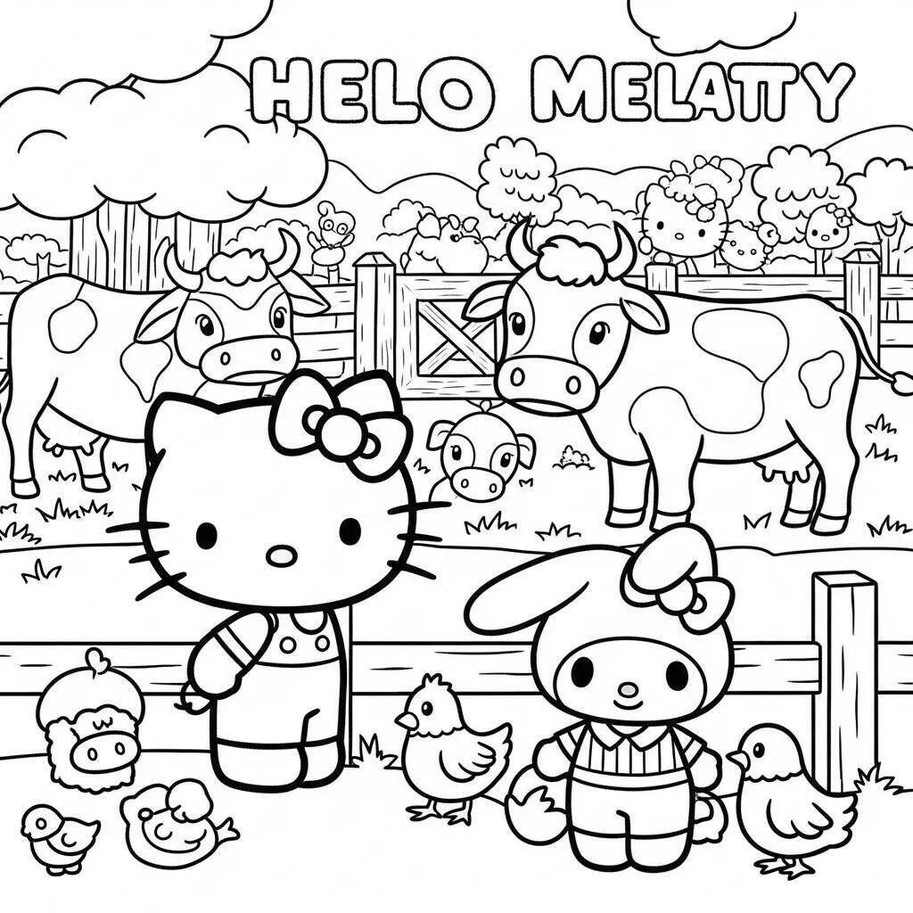 Dibujo para colorear de hola gatito y Mi Melodía en la Granja