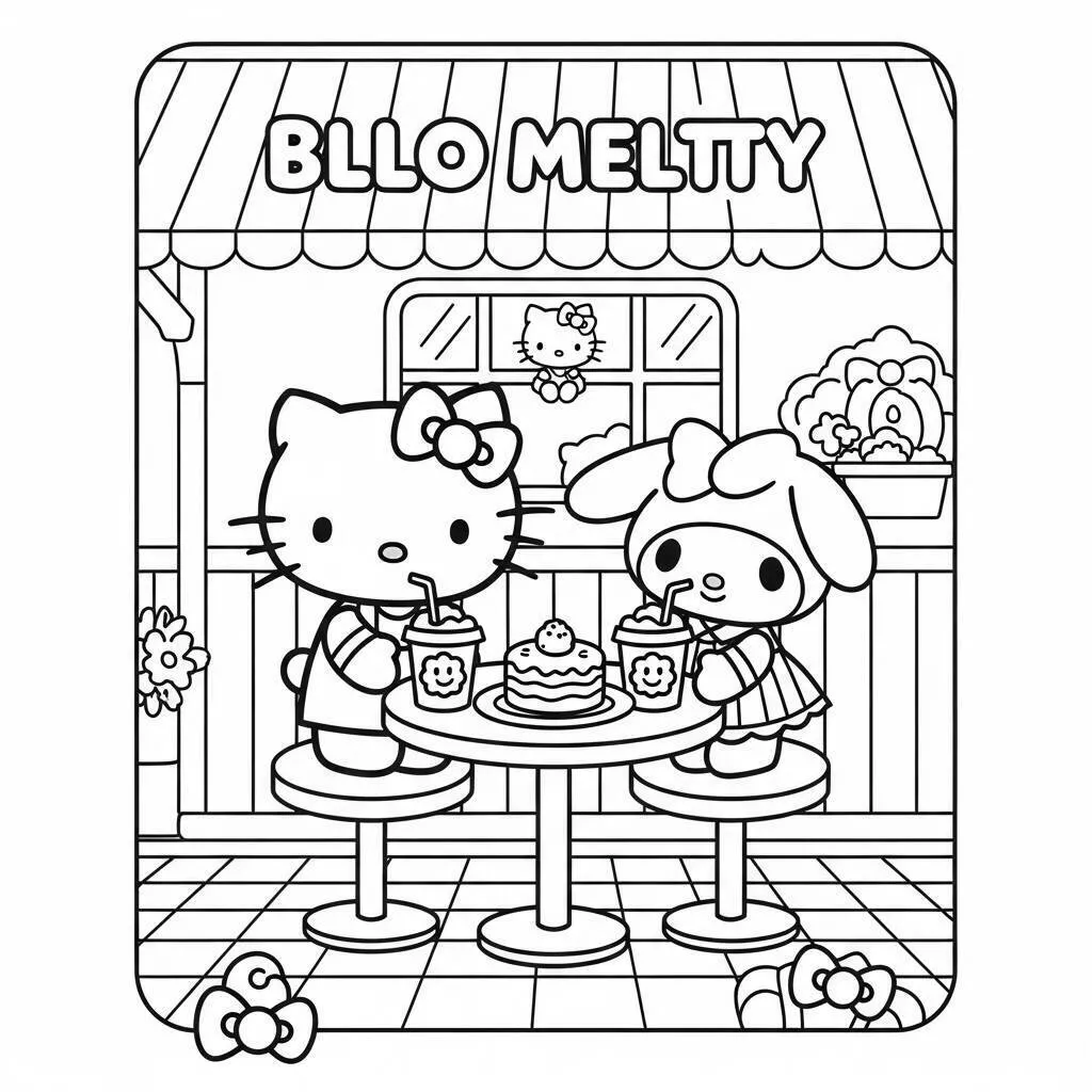 Colorear hola gatito y My Melody comiendo helado