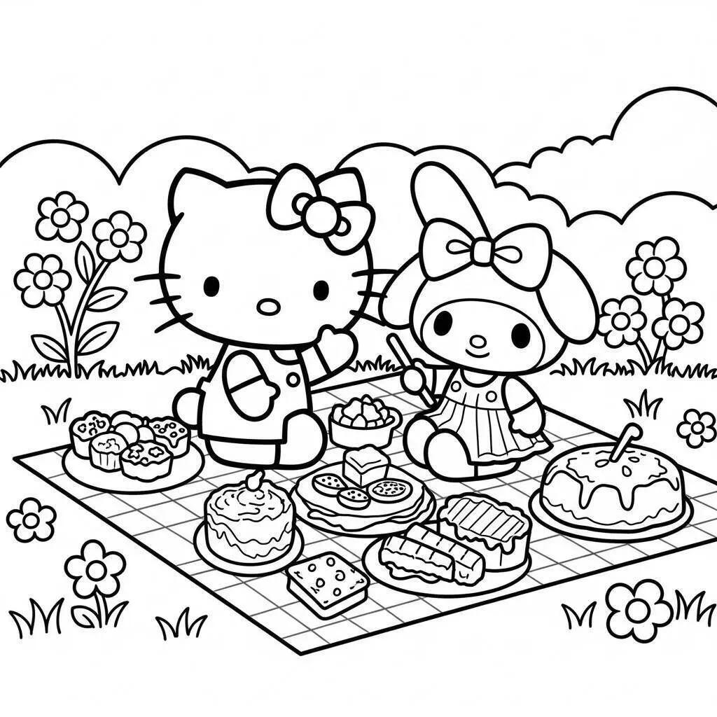 Colorear hola gatito y My Melody haciendo un picnic