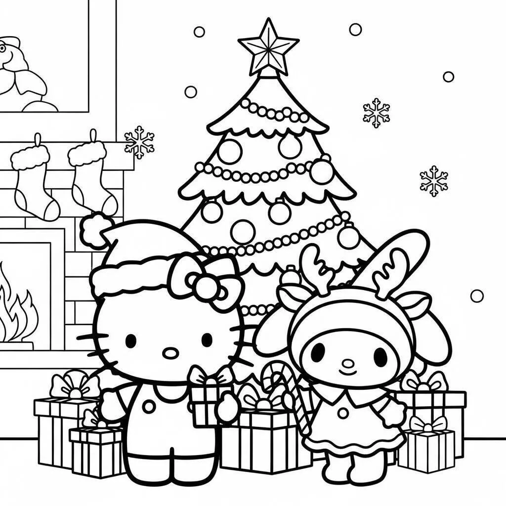 Dibujo para colorear de hola gatito y Mi Melodía en Navidad