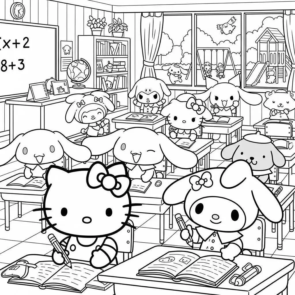 Dibujo para colorear de hola gatito y My Melody en el aula