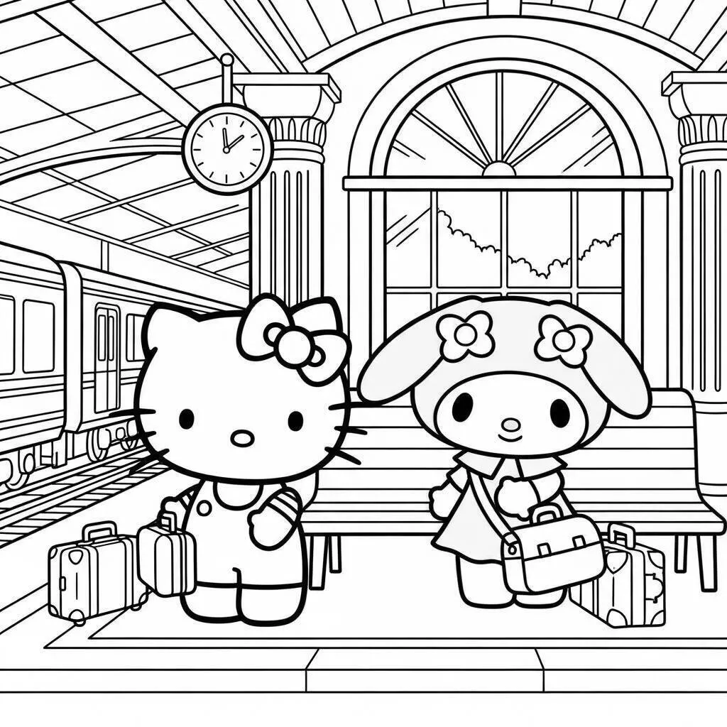 Dibujo para colorear de hola gatito y My Melody en la estación de tren
