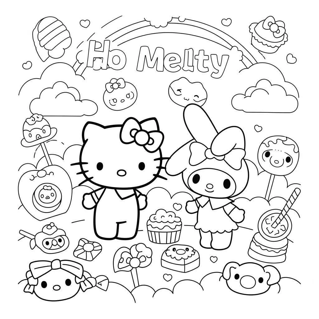 Dibujo para colorear de hola gatito y Mi Melodía en un dulce mundo