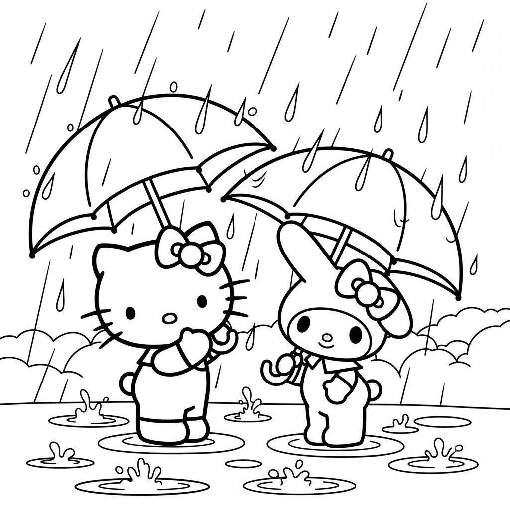 Colorear hola gatito y My Melody divirtiéndose bajo la lluvia