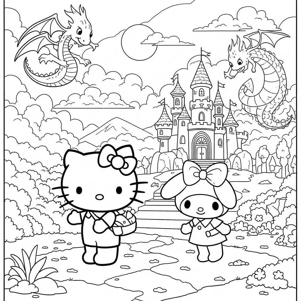 Dibujo para colorear de hola gatito y Mi Melodía en un castillo mágico