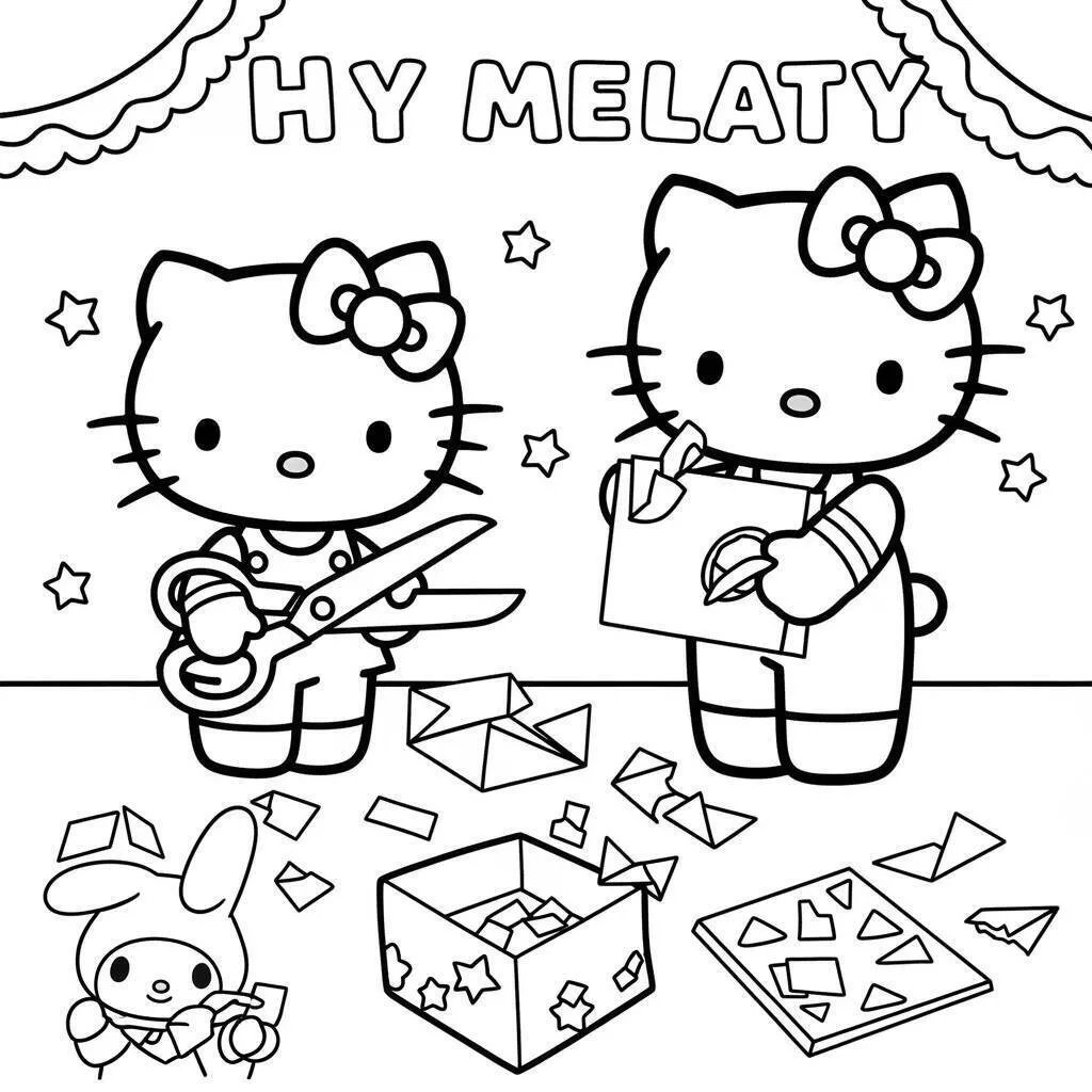 Dibujo de hola gatito y My Melody haciendo manualidades para Colorear