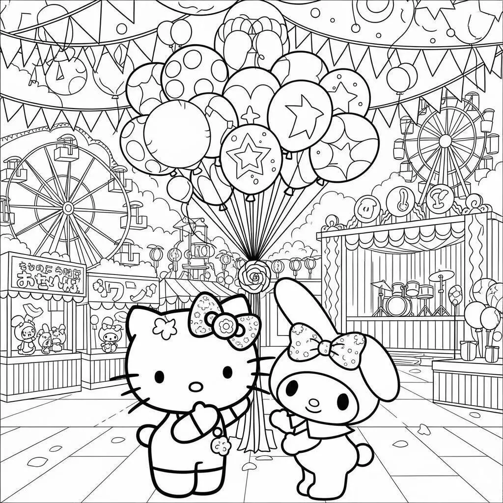 Dibujo para colorear de hola gatito y My Melody en el parque de atracciones