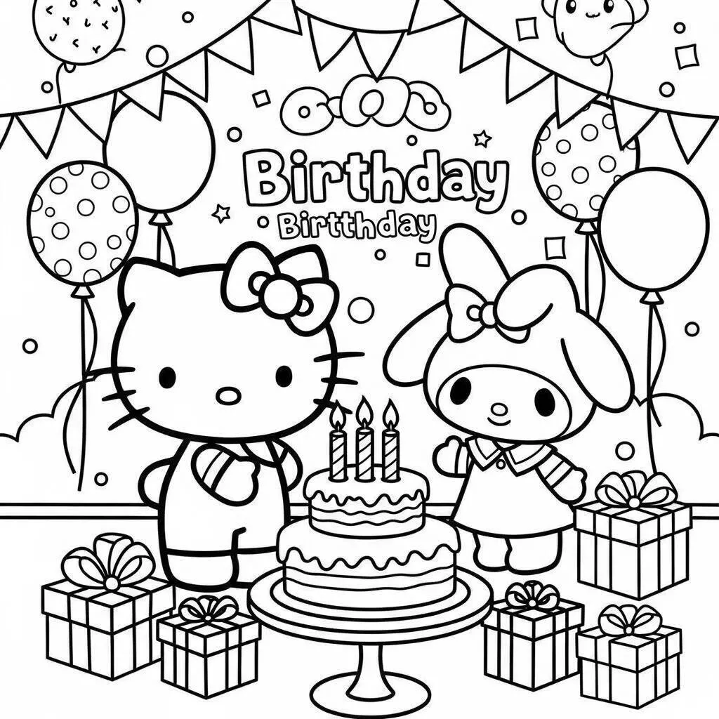 Colorear hola gatito y My Melody celebrando un cumpleaños