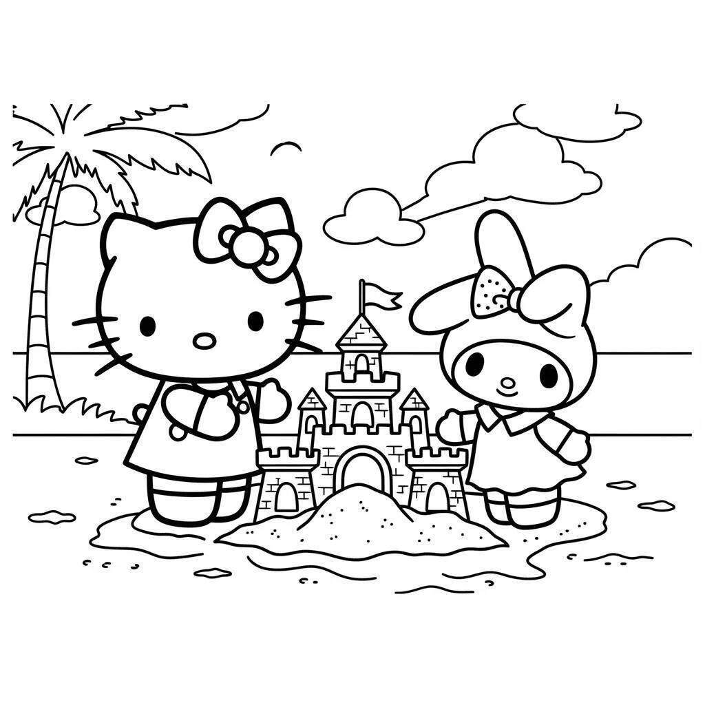 Colorear hola gatito y My Melody construyendo un castillo de arena