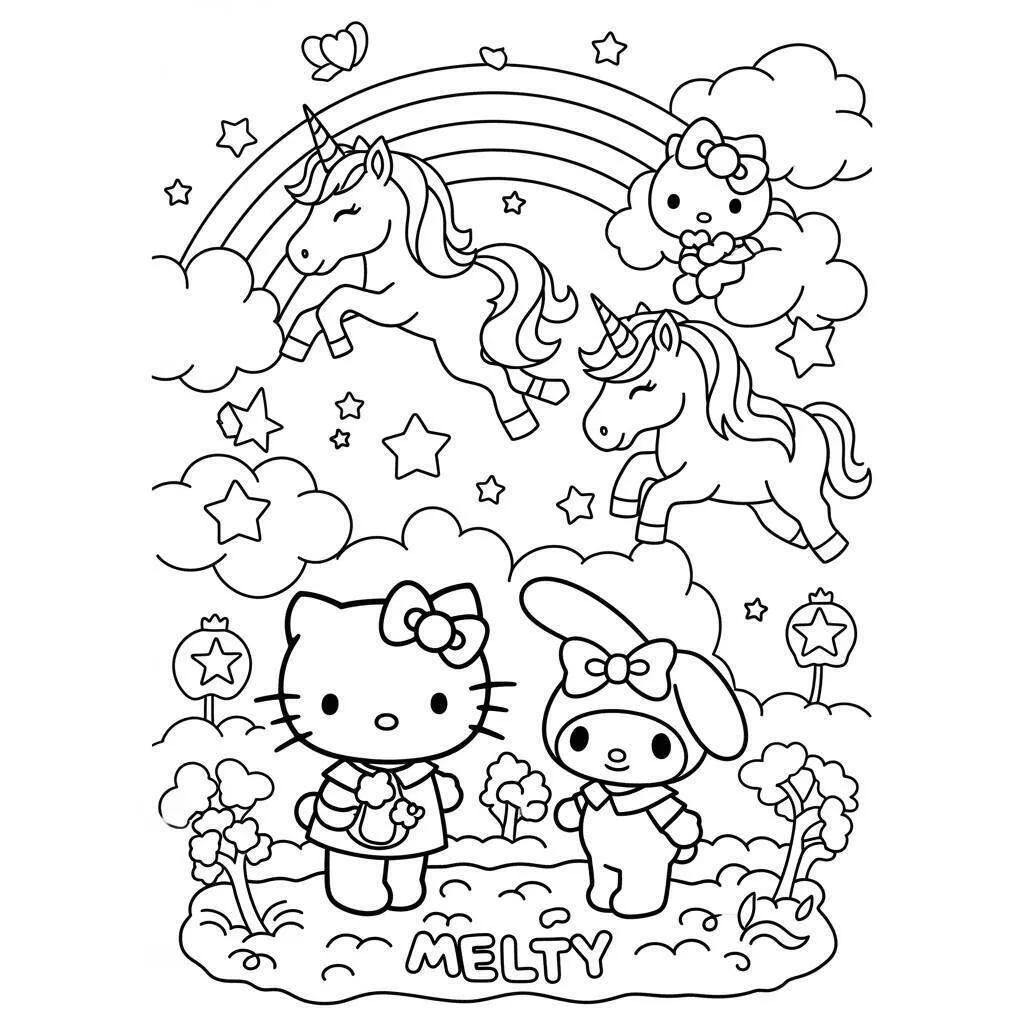Dibujo para colorear de hola gatito y Mi Melodía con Unicornios