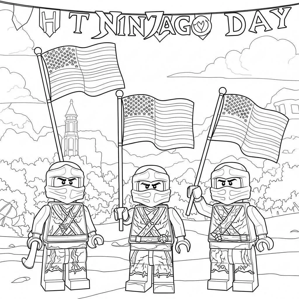 Lego Ninjago con Ninjas y Banderas para colorear