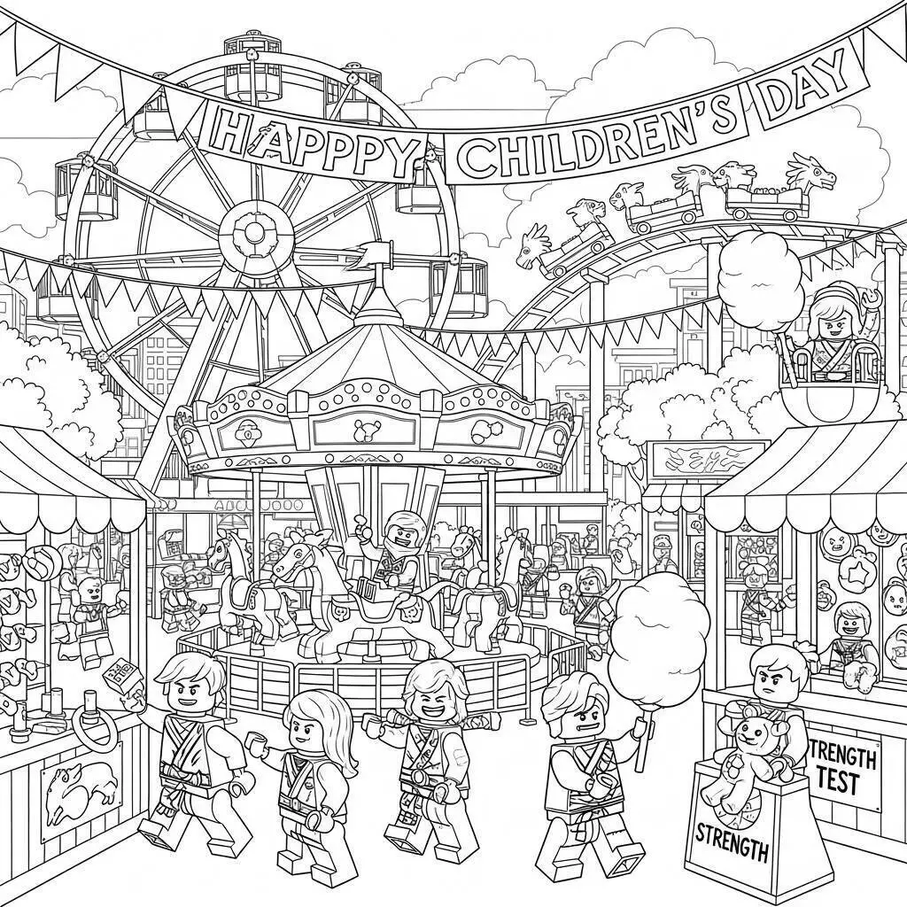 Lego Ninjago en el parque de atracciones para colorear