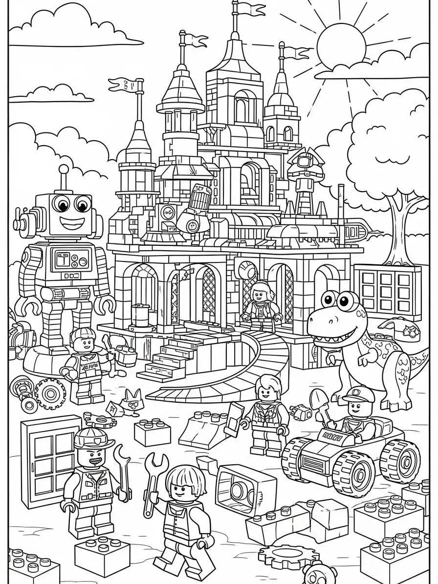 Desenho de Lego com Castelo e Personagens para Colorir