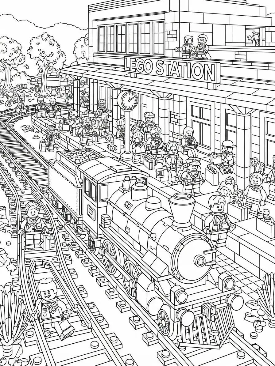 Desenho de Lego da Estação de Trem para Colorir