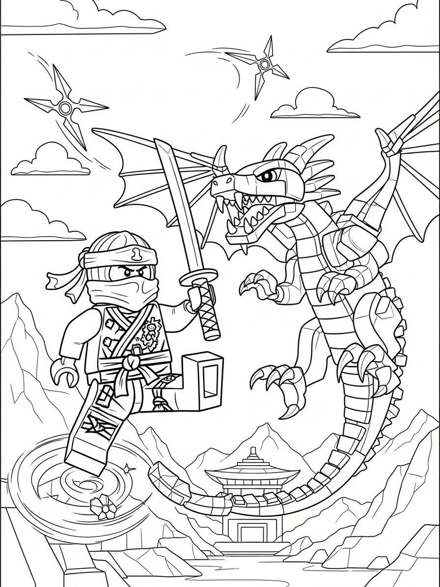 Desenho de Lego do Ninja Lutando com um Dragão para Colorir
