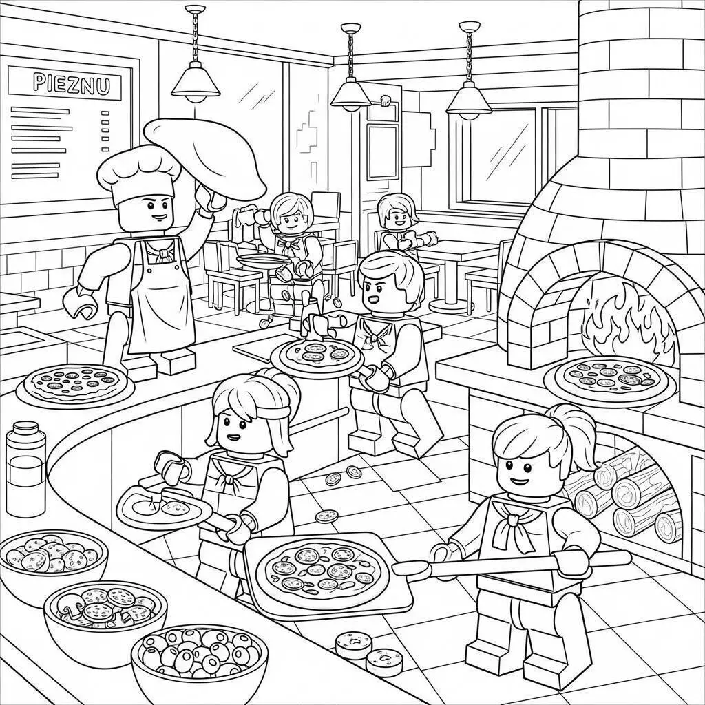 Desenho de Lego em uma Pizzaria para Colorir