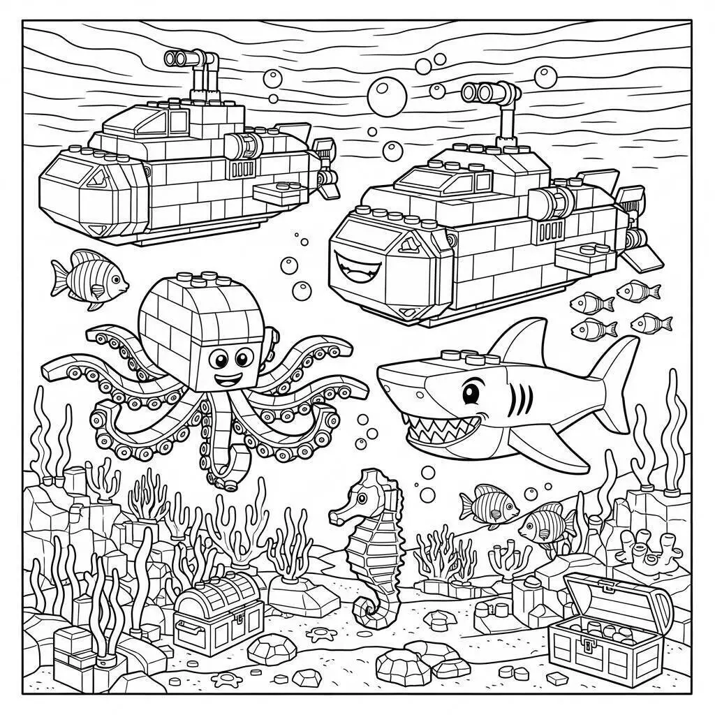 Desenho de Lego Submarinos e Criaturas Marinhas para Colorir
