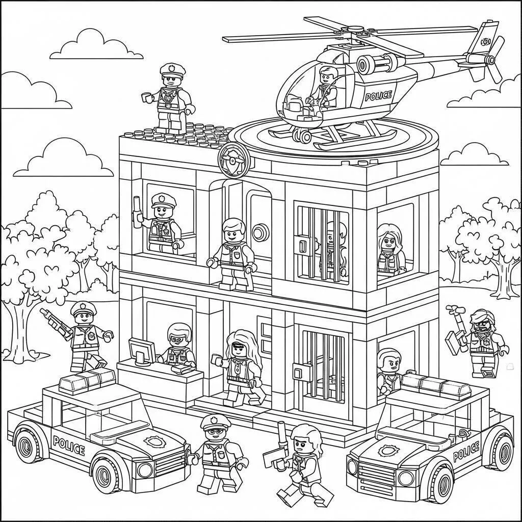 Desenho de Lego da Polícia com Helicóptero para Colorir