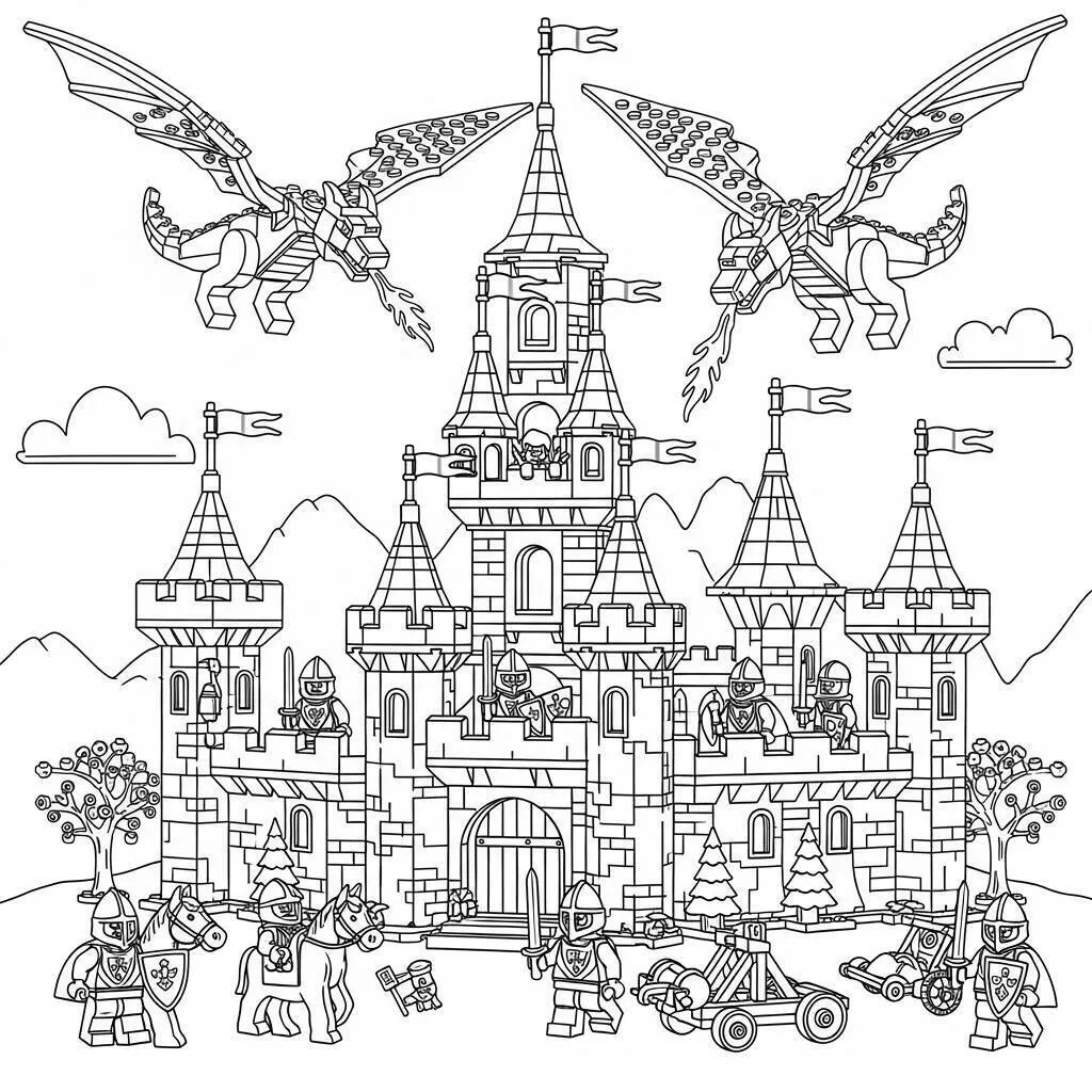 Desenho de Lego de Castelo com Dragões para Colorir