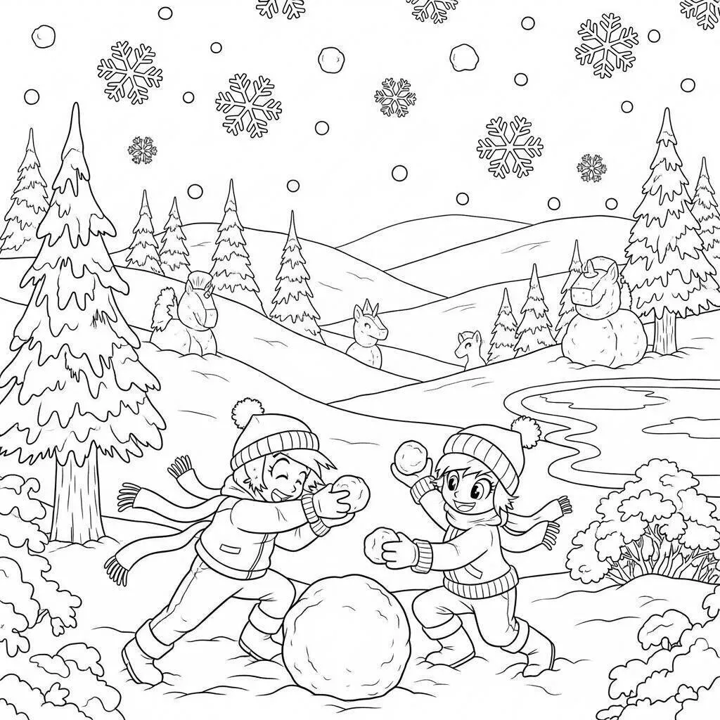 Malvorlage „Mein kleines Pony spielt im Schnee“.