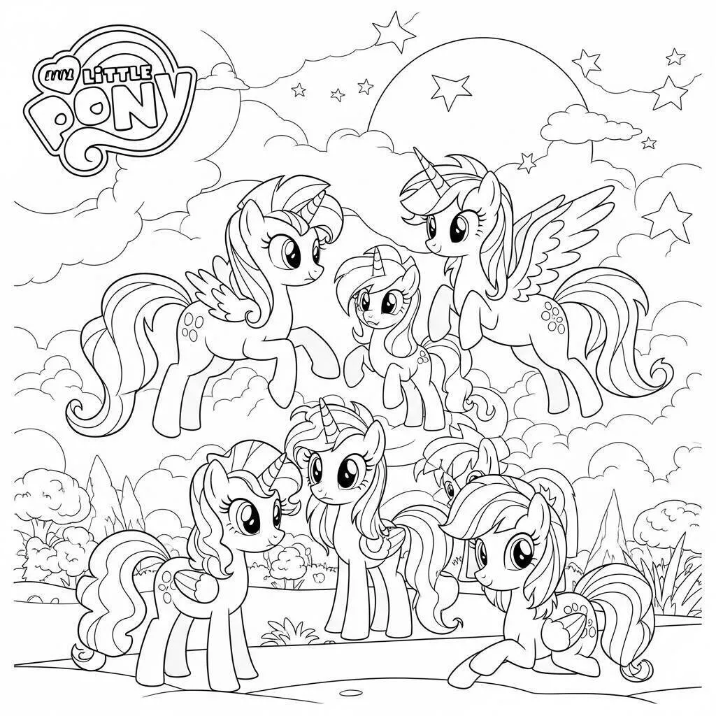 Malvorlage „Mein kleines Pony in einer magischen Welt“.