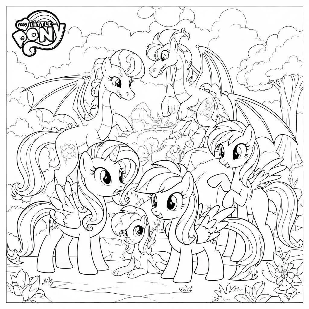 Malvorlage „Mein kleines Pony mit magischen Ponys“.