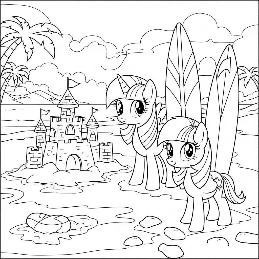 Malvorlage „Mein kleines Pony am Strand mit Sandburg“.