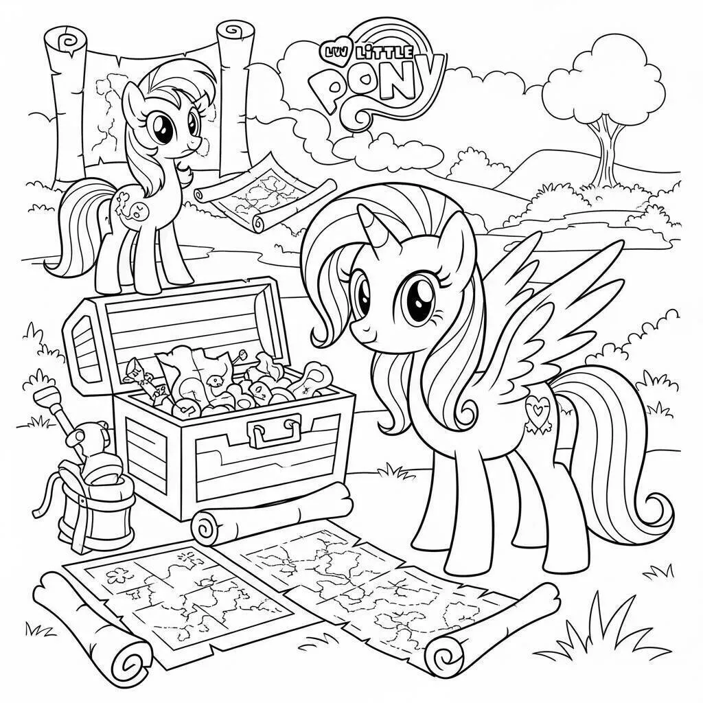 Malvorlage „Mein kleines Pony erkundet einen Schatz“.
