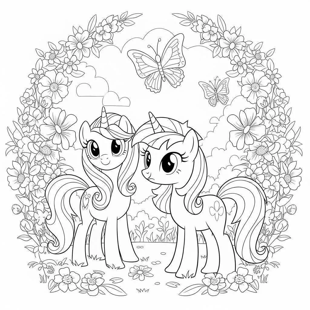 Coloriage Mon petit poney dans un jardin fleuri