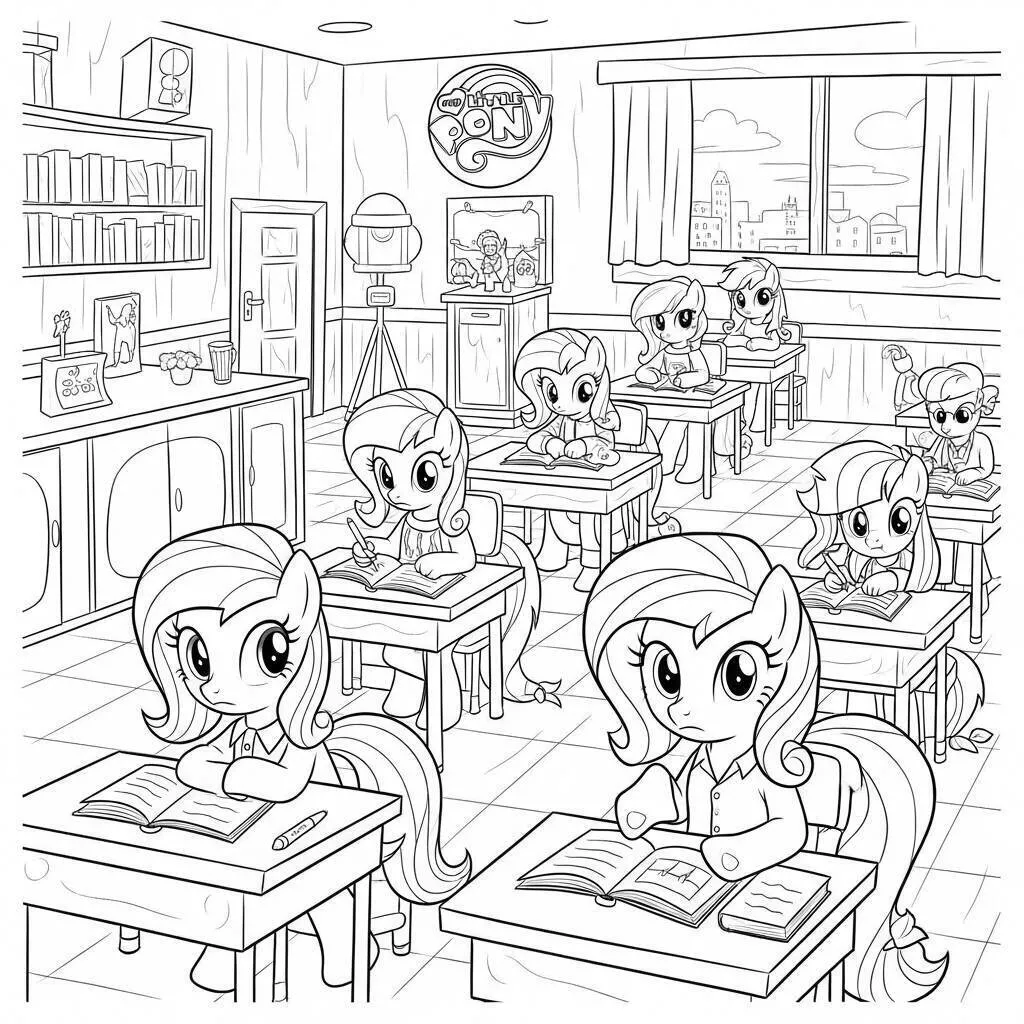 Coloriage Mon petit poney dans la classe