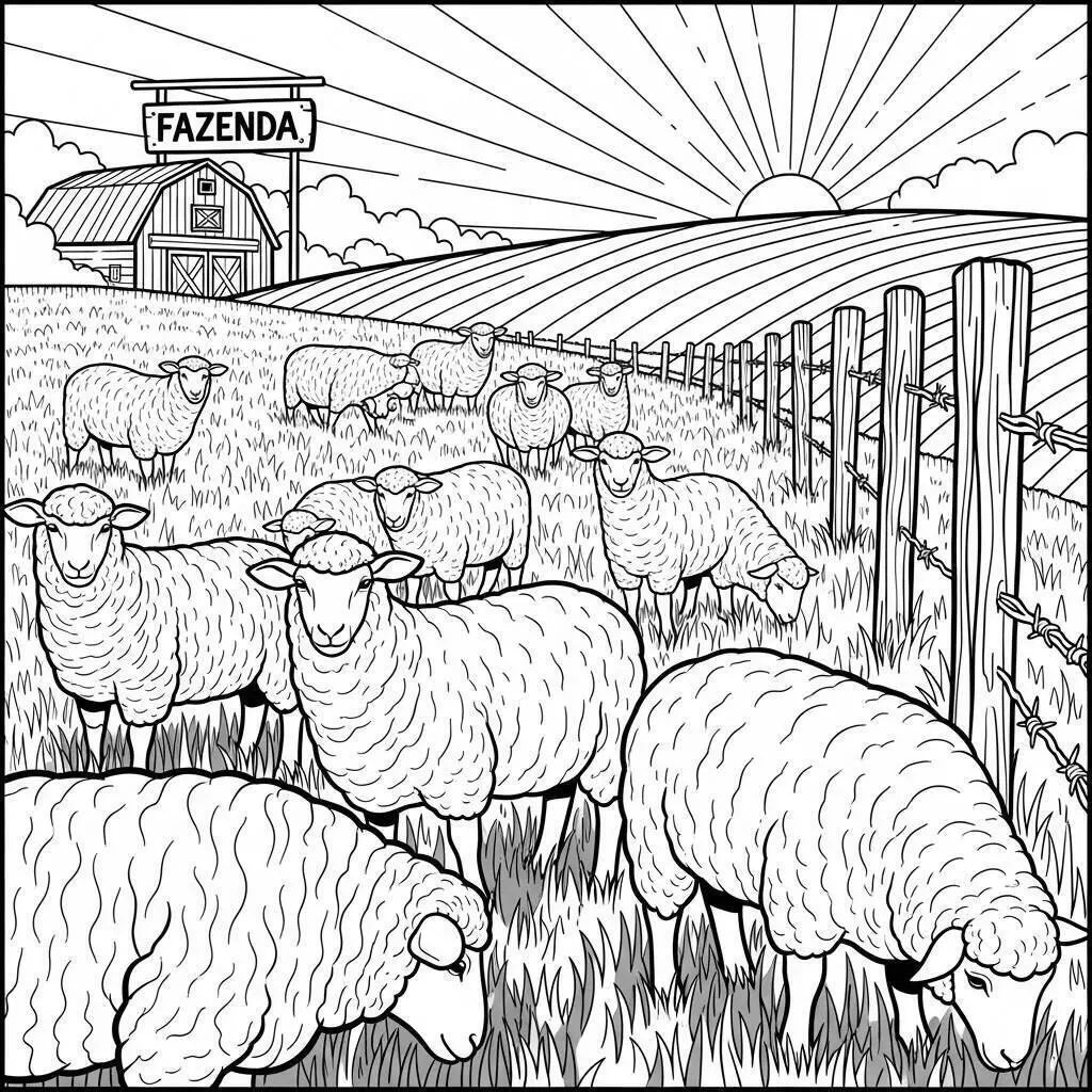 Desenho de Fazenda com Ovelhas para Colorir