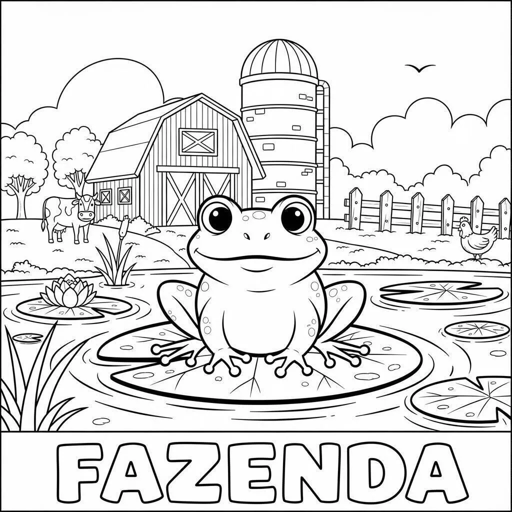 Desenho de Fazenda com Sapo e Animais para Colorir