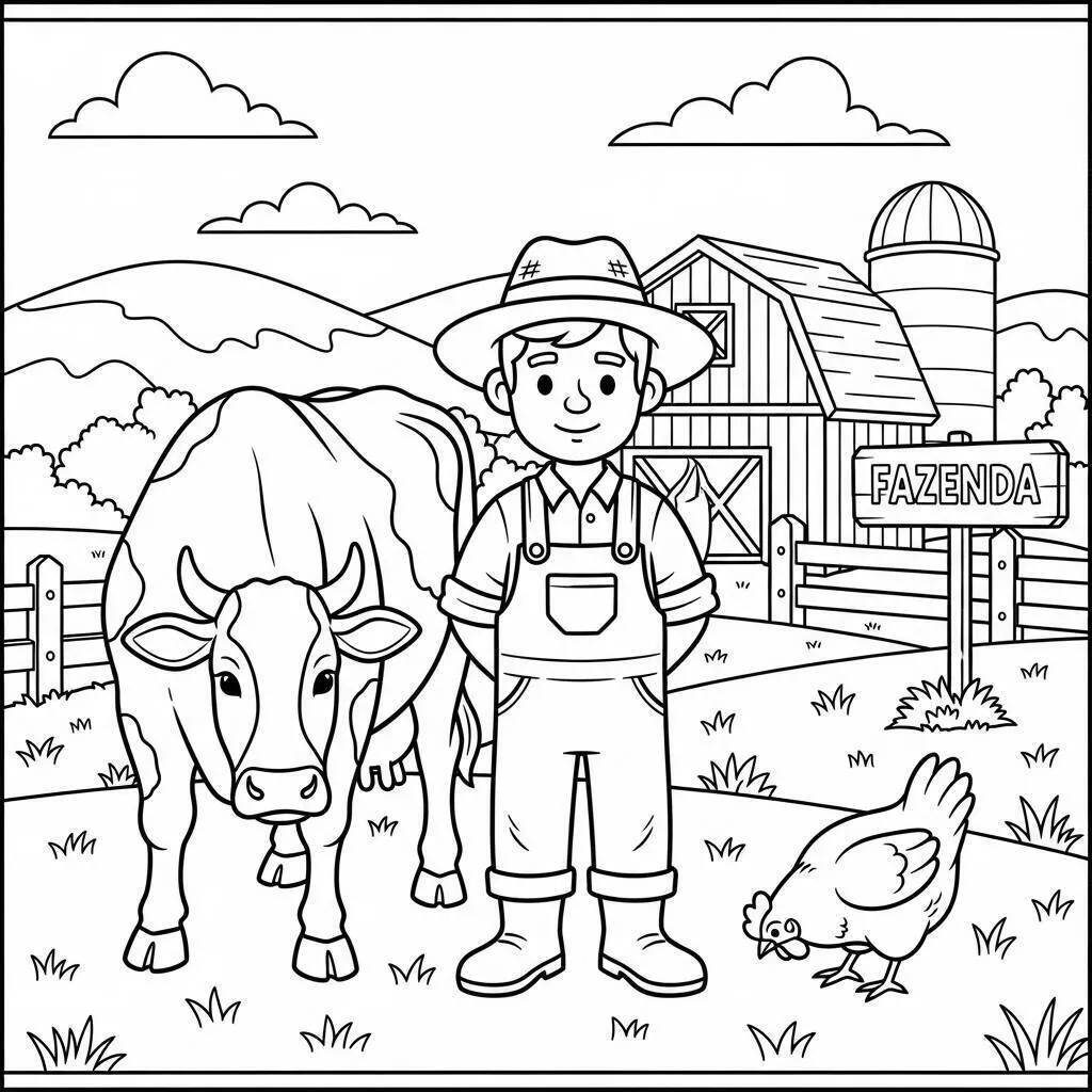 Desenho de Fazenda com Vaca e Criança para Colorir