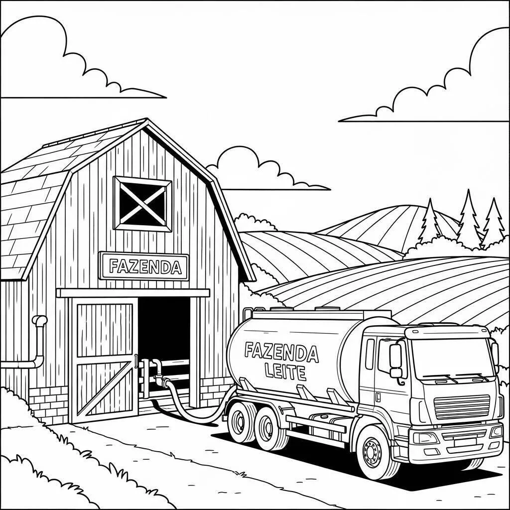 Desenho de Fazenda com Caminhão de Leite para Colorir