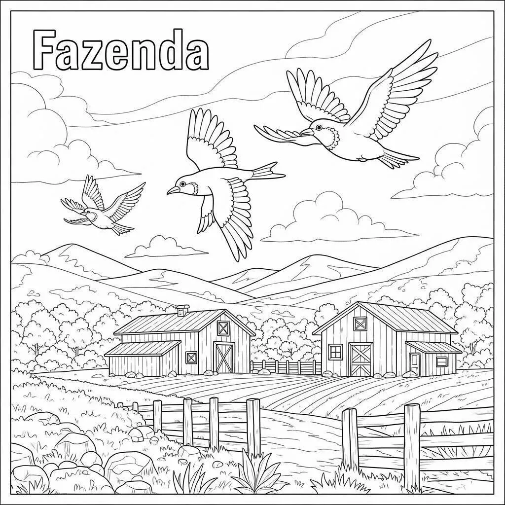 Desenho de Fazenda com Pássaros para Colorir