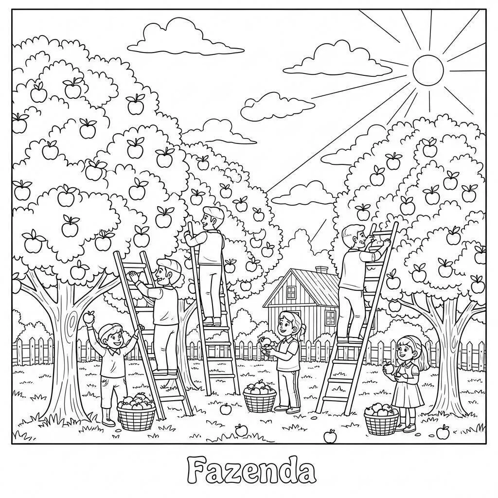 Desenho de Fazenda com Colheita de Frutas para Colorir