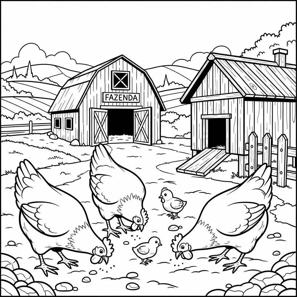 Desenho de Fazenda com Galinhas para Colorir