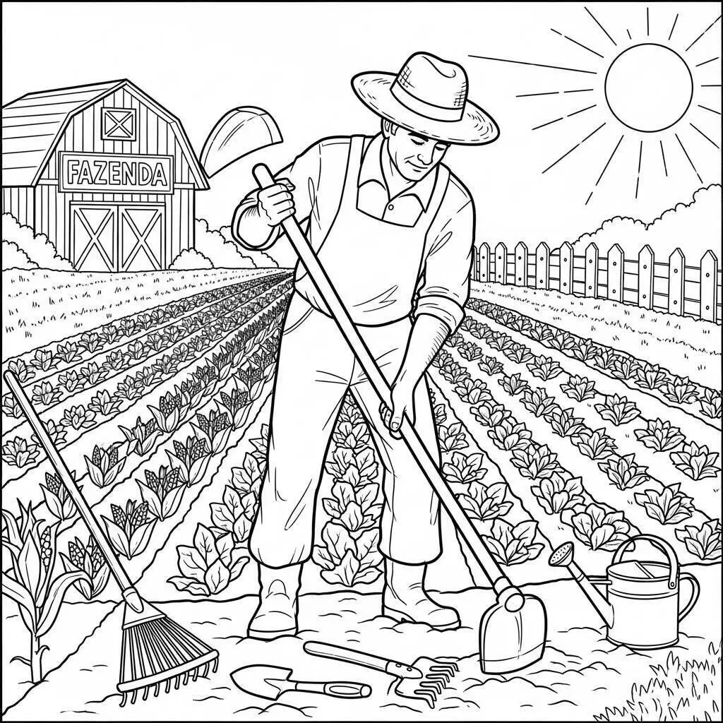 Desenho de Fazenda com Agricultor Plantando para Colorir