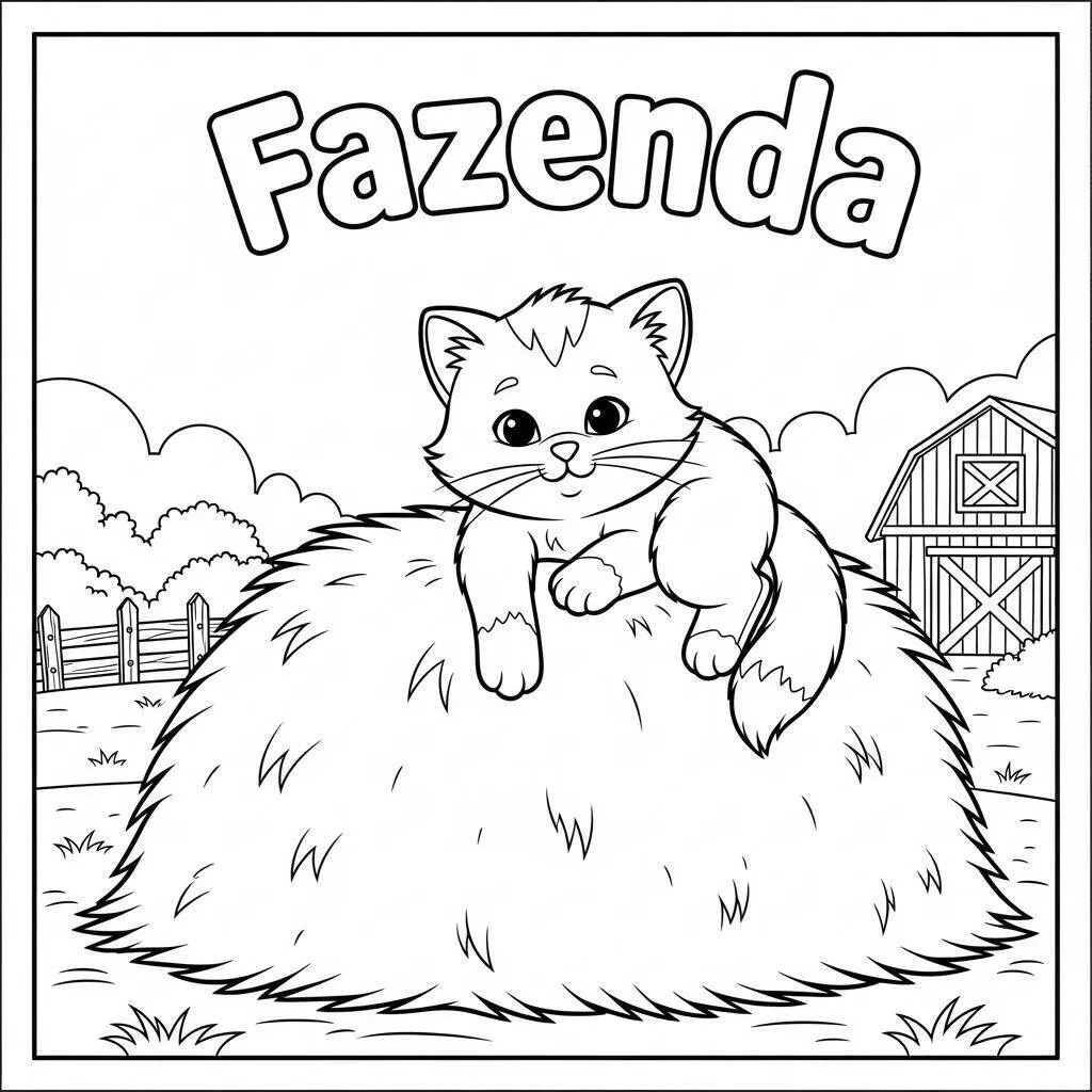 Desenho de Fazenda com Gato para Colorir