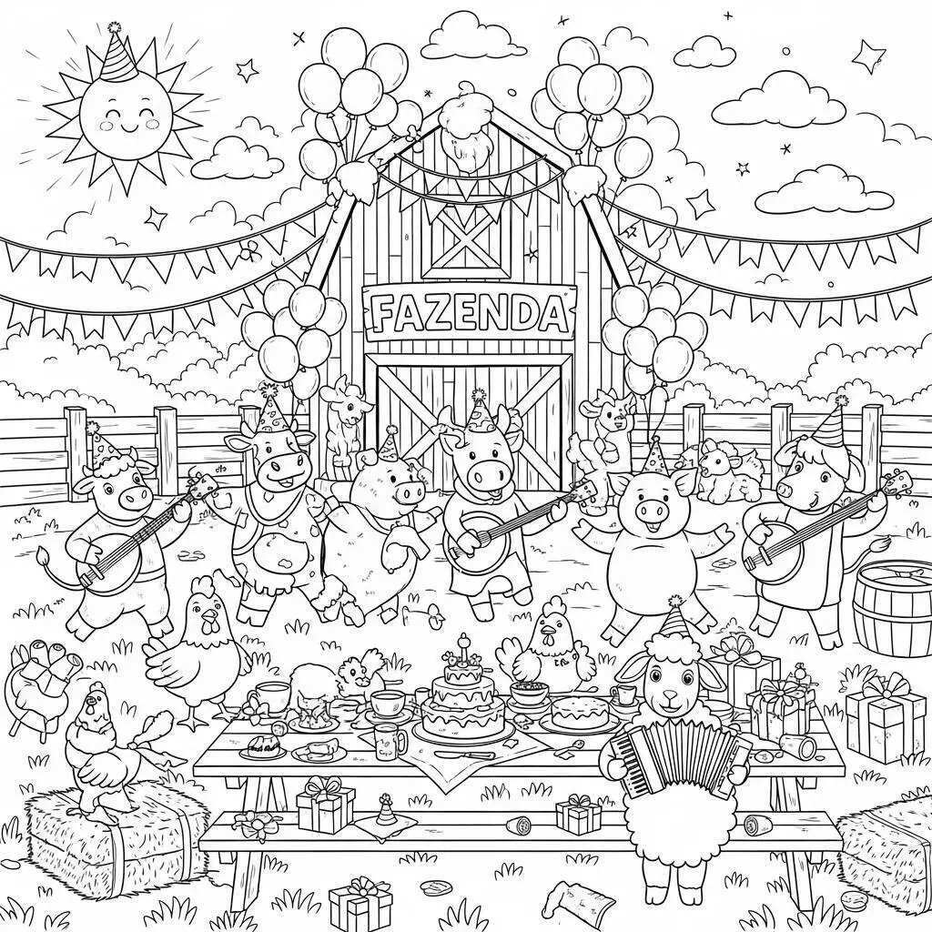 Desenho de Fazenda Festiva com Animais para Colorir