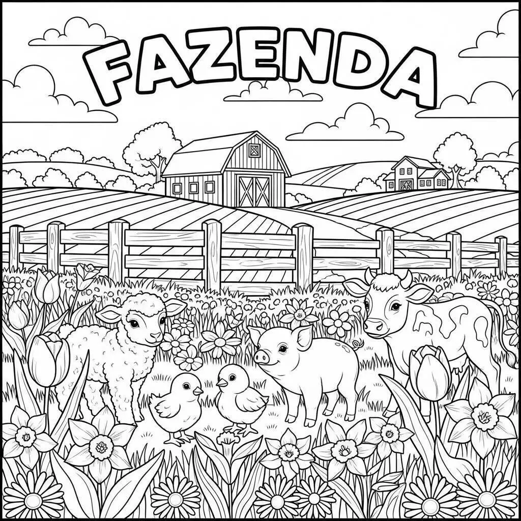 Desenho de Fazenda com Animais e Flores para Colorir